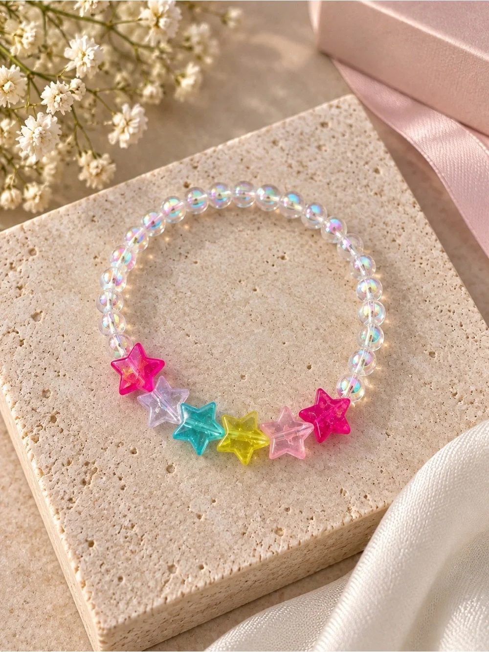 Kids Iridescent Beaded Star Bracelet in Pink, Purple, Blue, Yellow